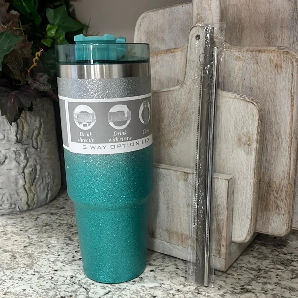 Blue/Green Teal colored Glitter 30oz Stainless Insulated Hot/Cold Cup 🥤🆕🥤